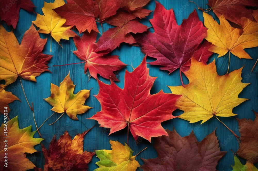 red and yellow maple leaves on blue background red and yellow maple leaves on blue background