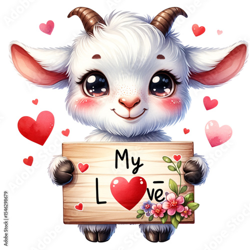 Adorable Goat's Valentine: A sweet, cartoon-style goat, with big eyes and rosy cheeks, holds a wooden sign declaring "My Love," surrounded by floating hearts and flowers.