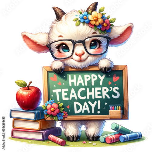 Teacher's Day goat with School Elements: A charming goat adorned with glasses and flowers, holding a chalkboard wishing "Happy Teacher's Day!", surrounded by school-themed props: books.