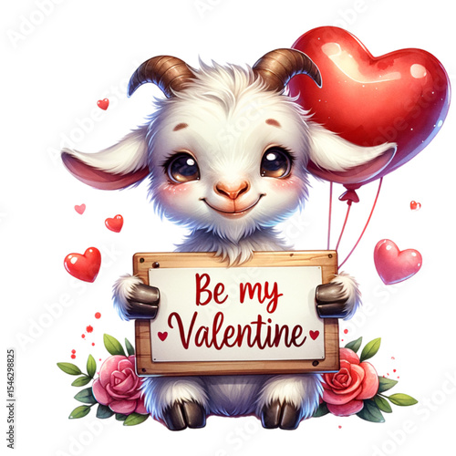 Valentine's Day Goat with Heart: A charming goat holding a "Be my Valentine" sign, framed by flowers and heart balloons, expressing love, joy, and affection in a sweet illustration.