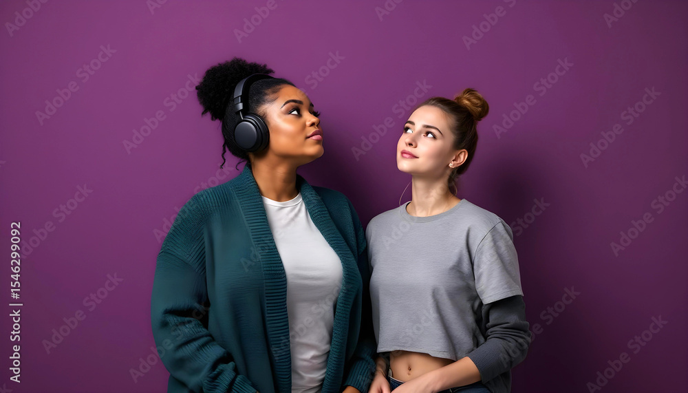 Obraz premium Lesbian gay LGBTQIA+ autistic couple with headphones standing side by side representing neurodiverse partnership
