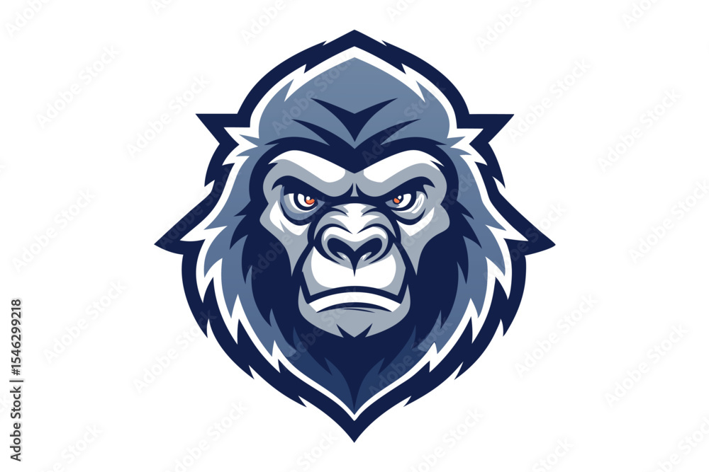 Fototapeta premium A fierce gorilla face sporting orange eyes and dark blue fur glares intently forward