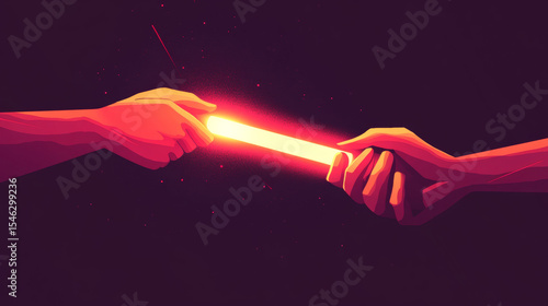 Flat design illustration of hands passing a glowing baton, symbolizing smooth transitions, teamwork, collaboration, and seamless handoffs in a modern, dynamic style.