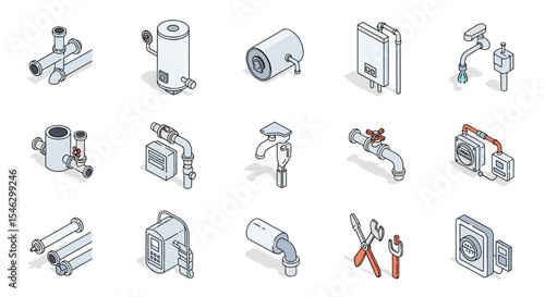 Various Mechanical Components and Engineering Parts Displayed as Isometric Projections for Technical Illustrations