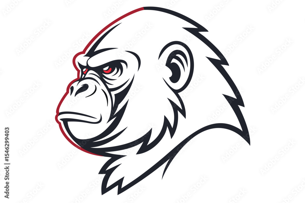 Side profile depicts a fierce gorilla head with red eyes and dark outlines Side profile depicts a fierce gorilla head with red eyes and dark outlines