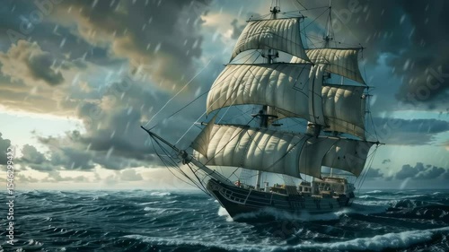A majestic sailing ship in the middle of a stormy sea, with dramatic clouds and waves crashing around it