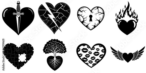 Isolated set of heart symbols for artists and designers, creative content: dagger, lightning, cracks, keyhole, flame, puzzle, tree and heart with wings,kisses