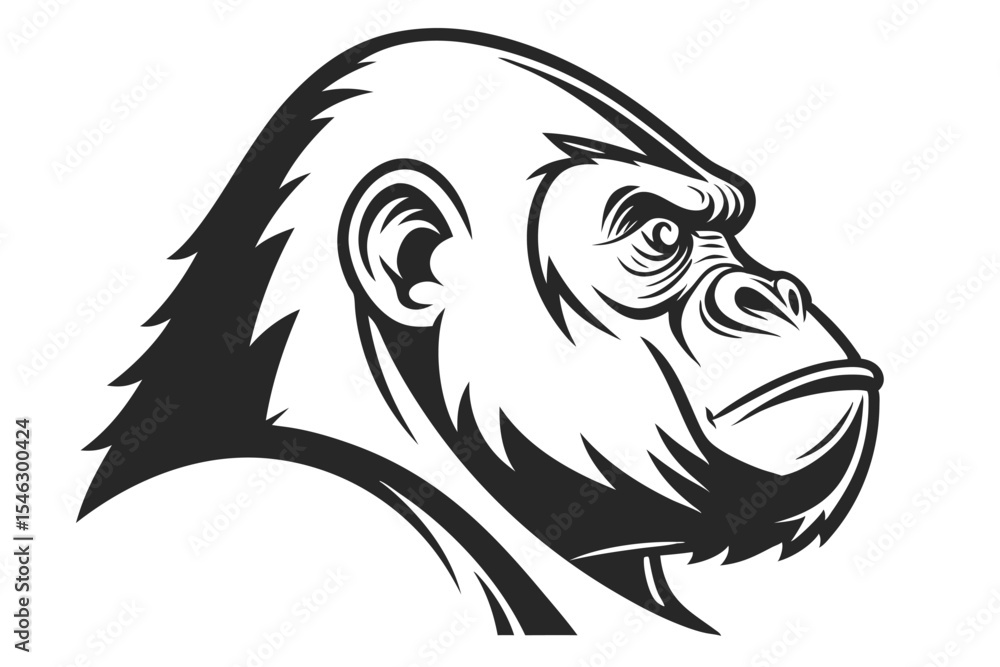 Fototapeta premium Ferocious gorilla head showing strong facial features displayed in a sharp monochrome rendering