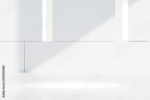 Wallpaper Mural White podium pedestal on Sci-fi ackground with geometric shapes circle on one white floor and wall the platform for product presentation minimal style, copy space, abstract podium. 3d render. Torontodigital.ca