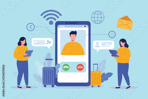  Remote Communication and Collaboration: People Using Devices for Video Calls, Messaging, and Travel Planningflat vector illustration