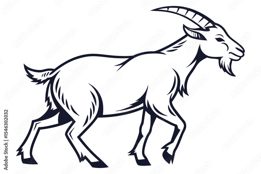 Fototapeta premium Bold outline depicts a goat strolling, featuring prominent horns and a distinctive beard