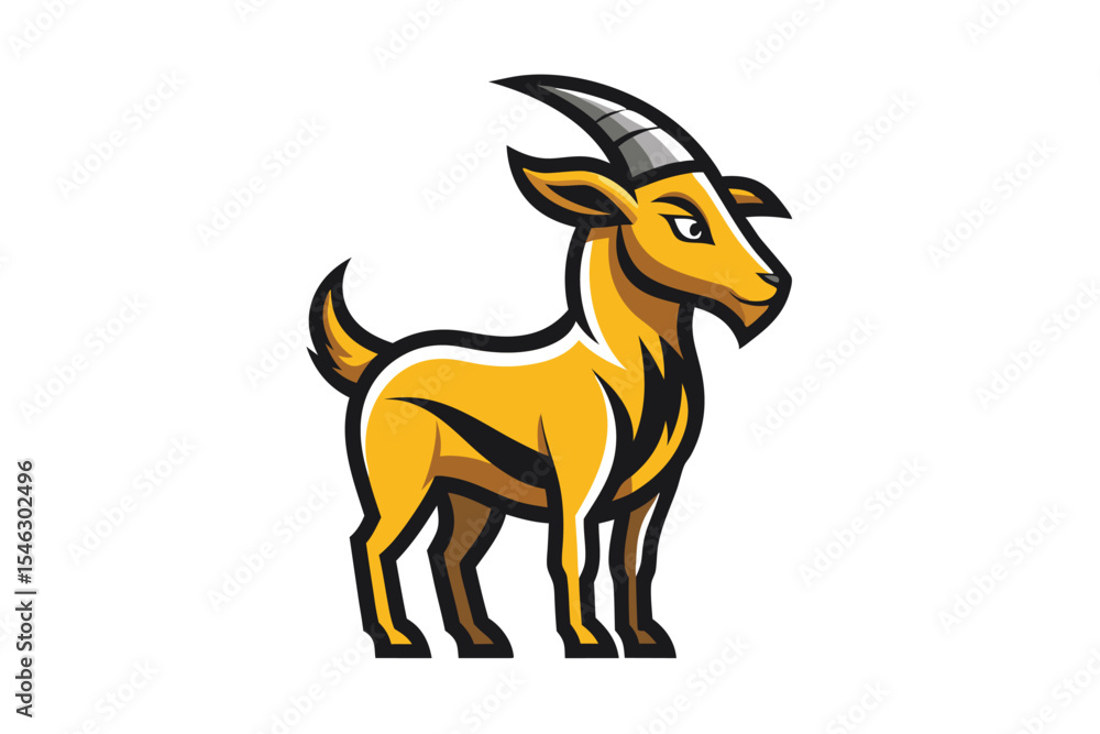 Obraz premium A stylized yellow goat stands gracefully outlined in black with silver horns, a unique visual