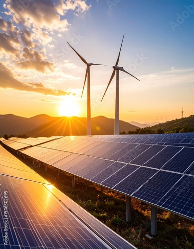 Sunset Solar Panels  Wind Turbines Green Energy.