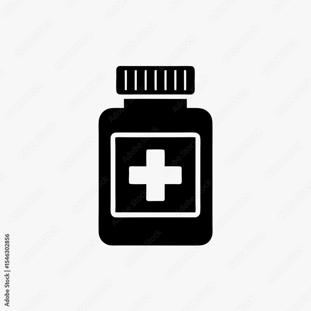 Black Medicine Bottle Icon with Medical Cross Symbol Isolated on White Background
Black Medicine Bottle Icon with Medical Cross Symbol Isolated on White Background