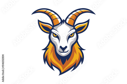 A stylized mascot head of a horned ram showcases bold colors and details