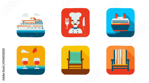 Cruise ship dining apps Set of 6 Flat Cruise Icons Ship Dining Room Chef Hat Plate Wine Glass Deck Chair