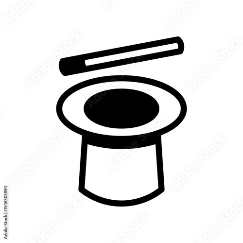 Black and White Magic Icon Featuring a Hat and Wand Illustration