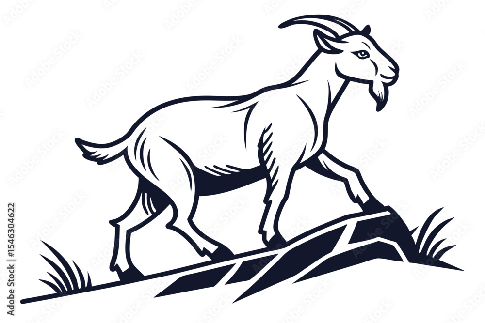 Fototapeta premium A stylized goat with beard confidently climbs rocky terrain with minimal line details