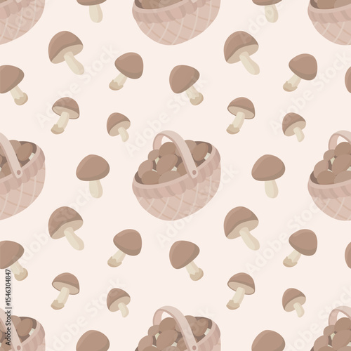 Seamless pattern with mushrooms and baskets