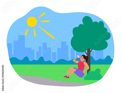 woman drinking water  sitting under the tree summer heatstroke first aid thirsty dehydration vector illustration