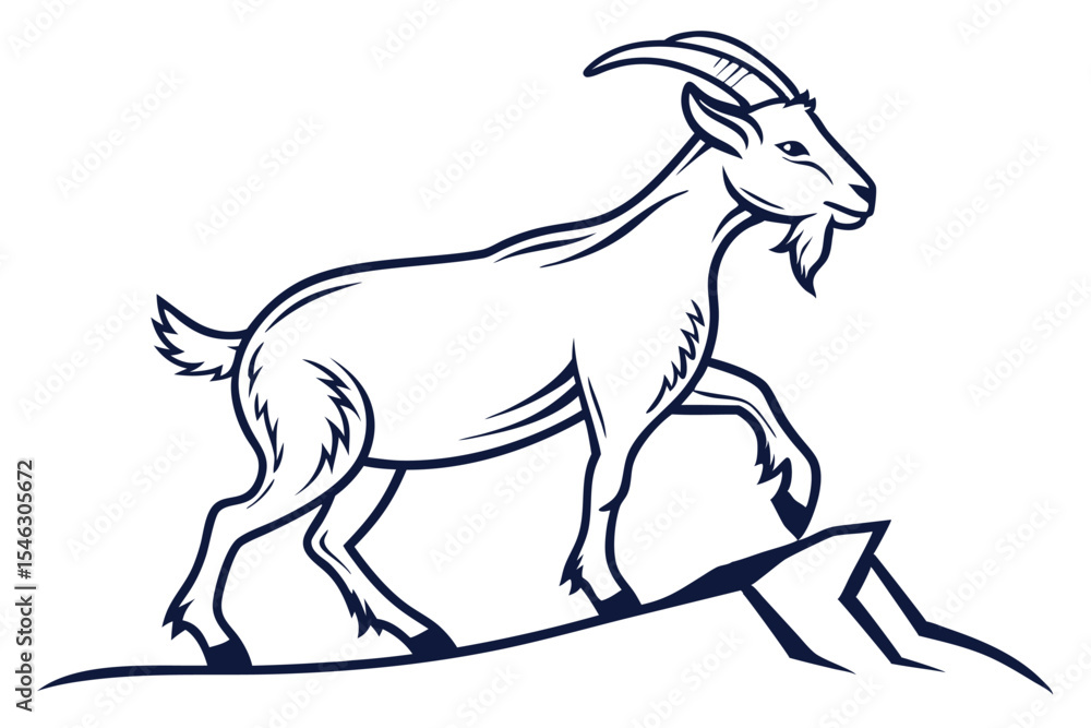 Fototapeta premium Majestic outlined goat confidently walks up rugged rocks within the minimalist isolated monochrome illustration