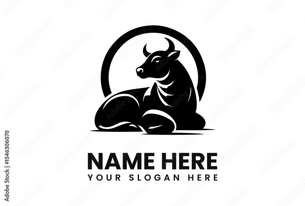 Fototapeta premium A black silhouette of a resting bull inside a circle, with placeholder text for a name and slogan below.