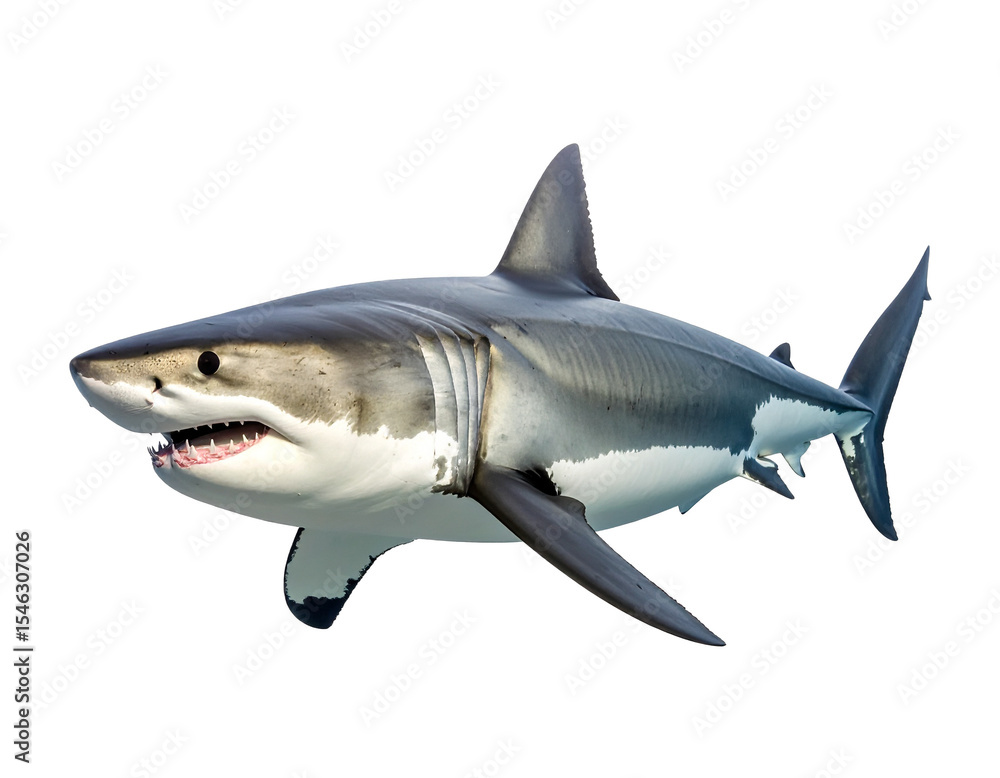 Fototapeta premium Great blue Shark, HD real photo of a great white shark in side profile, smooth body