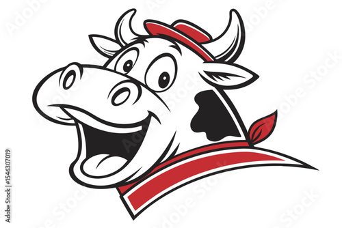 Joyful cartoon cow head smiles broadly wearing a stylish red hat and neckerchief with flair
