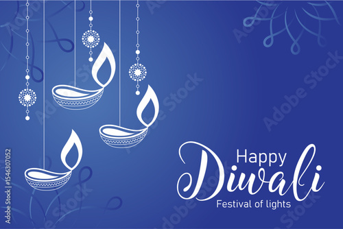 Happy Diwali festival greeting banner with hanging lamps design and Happy Diwali text for Diwali day