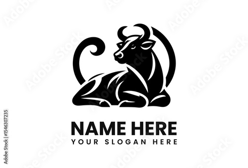 Black and white stylized logo of a reclining bull, featuring decorative swirls.