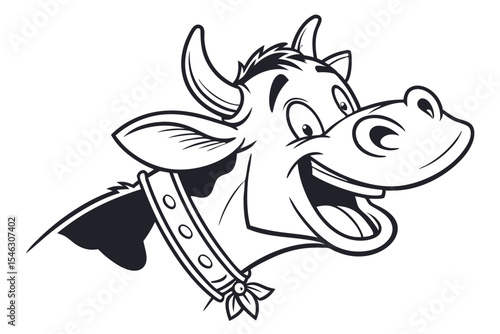 The cartoon cow head wears a studded collar and smiles widely with visible teeth