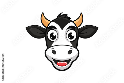 A cheerful cartoon cow face smiles widely showing its tongue and teeth vividly