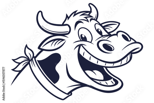 Cartoon cow with a bandana happily smiles showing its teeth in monochrome outline