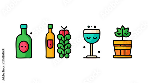 Wine bar collateral Set of 5 Flat Wine Icons Wine Bottle Wine Glass Grapes Corkscrew Barrel