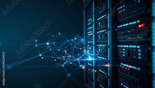 Data center servers with abstract digital network connection visualization
