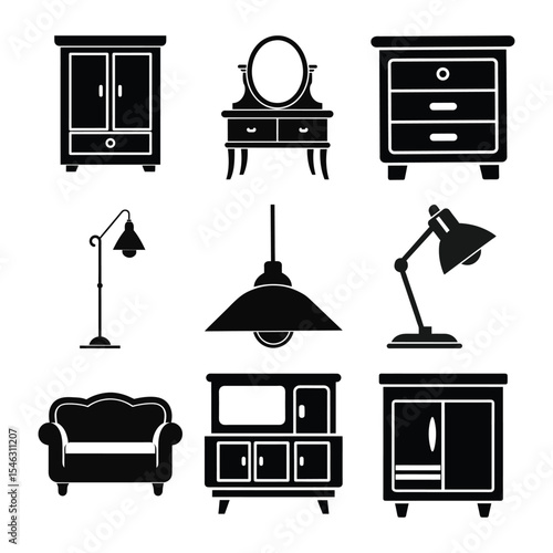 Black silhouette of furniture  icon set, Home furniture icon set black vector with sofa, cupboard, lamp, bookshelf, shoe cabinet, and nightstand