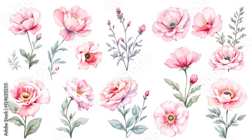 Spring flowers collage, Watercolor floral background, set of floral elements