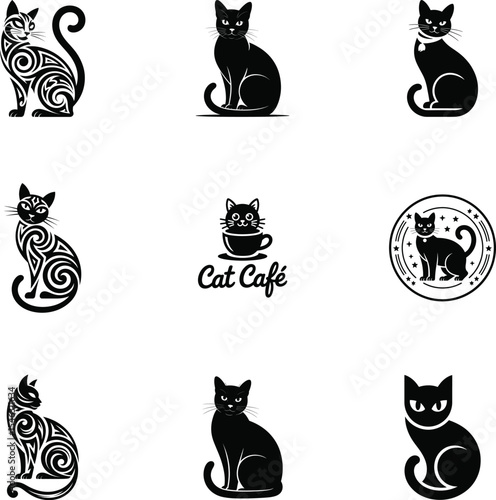 Collection of Cat Illustrations in Silhouette Style on White Background silhouette