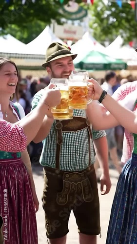 Joyful Oktoberfest Festivities: People in traditional Bavarian clothing raise and clink huge beer steins in a celebratory toast, capturing the spirit of the beer festival.