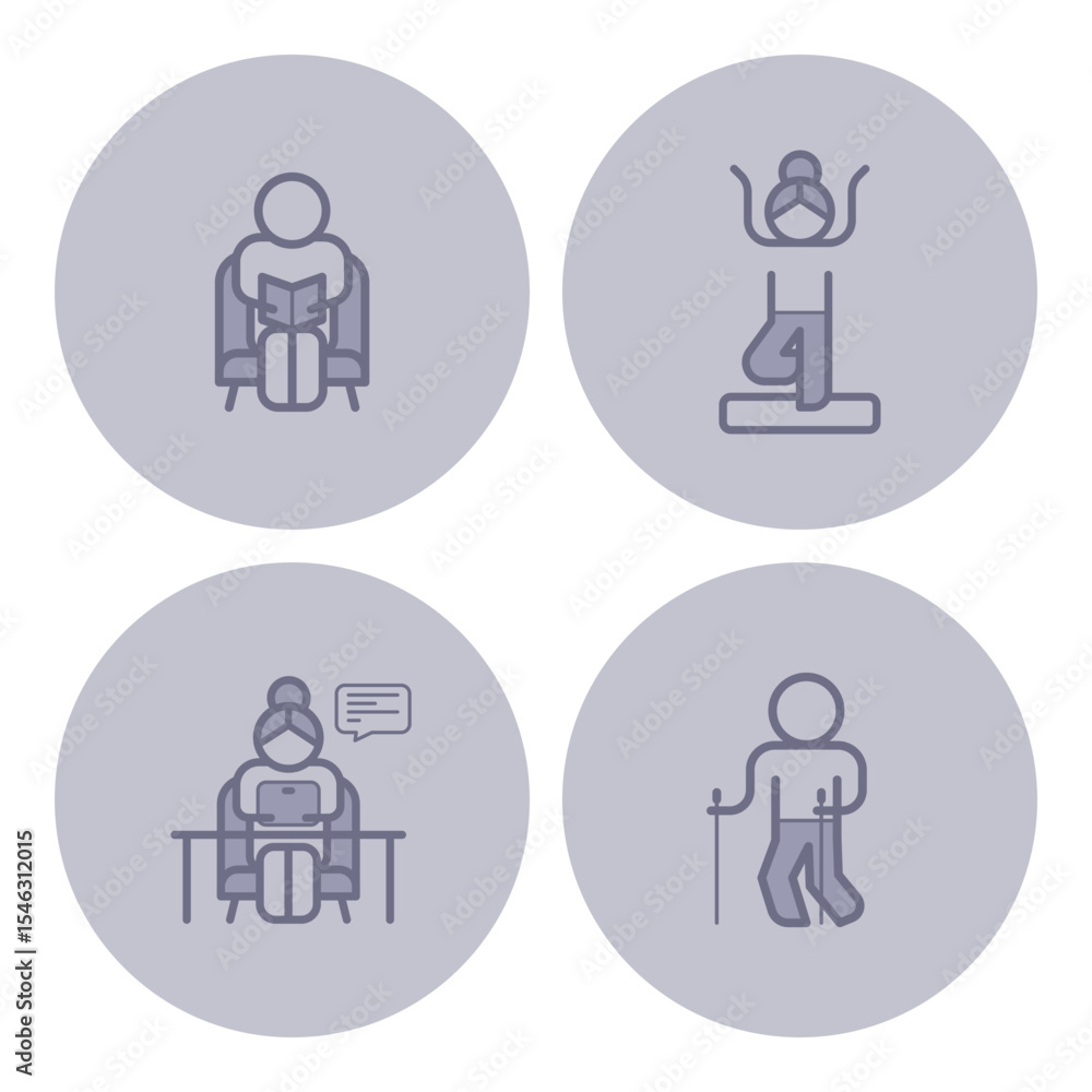 Collection of icons depicting elderly individuals engaged in different activities. Reading, yoga, working on tablet, and walking, highlighting diverse lifestyles Collection of icons depicting elderly individuals engaged in different activities. Reading, yoga, working on tablet, and walking, highlighting diverse lifestyles
