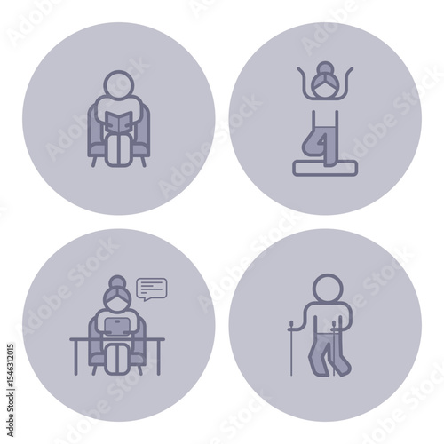 Collection of icons depicting elderly individuals engaged in different activities. Reading, yoga, working on tablet, and walking, highlighting diverse lifestyles