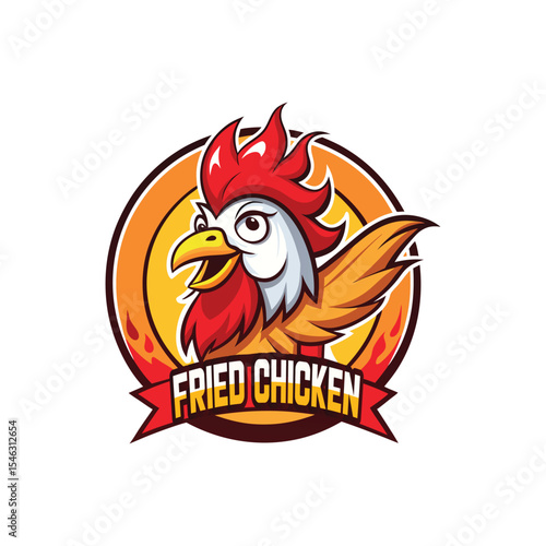 Fried Chicken Restaurant Logo Design with Rooster and Explosion Effect – Vintage Fast Food Emblem, Spicy Chicken Badge, Retro Style Vector, Hot Wings Branding Template for Grill, BBQ, or Takeaway
