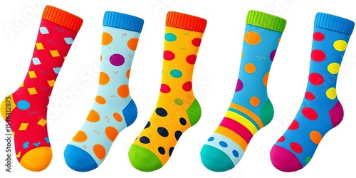 A whimsical set of colorful cartoon socks, playfully designed, isolated on white,  fun,  fun socks