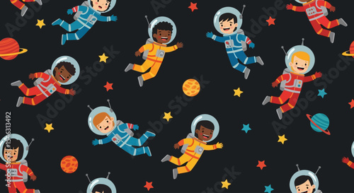 Seamless Pattern of Kids in Space Suits with Rocket Backpacks – Cute Cartoon Vector Design for Children’s Fabric, Wallpaper, and Education Themes