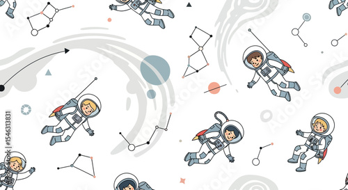 Seamless Pattern of Kids in Space Suits with Rocket Backpacks – Cute Cartoon Vector Design for Children’s Fabric, Wallpaper, and Education Themes