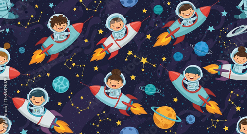 Seamless Pattern of Kids in Space Suits with Rocket Backpacks – Cute Cartoon Vector Design for Children’s Fabric, Wallpaper, and Education Themes