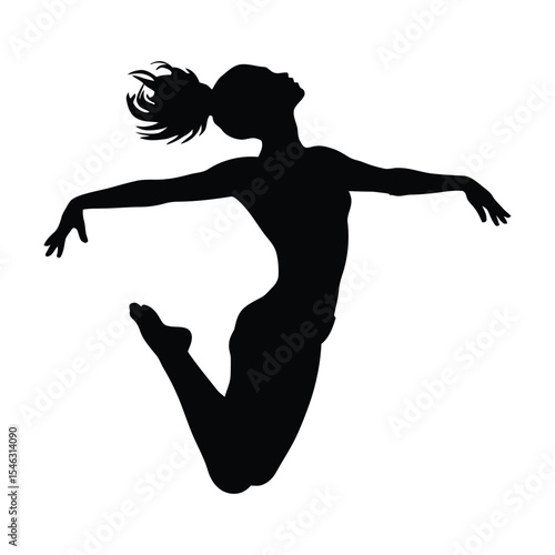 woman in Jump with knees bent backward dance pose, A dynamic silhouette of a young woman in mid-leap, arms outstretched, evoking a sense of athleticism and freedom.