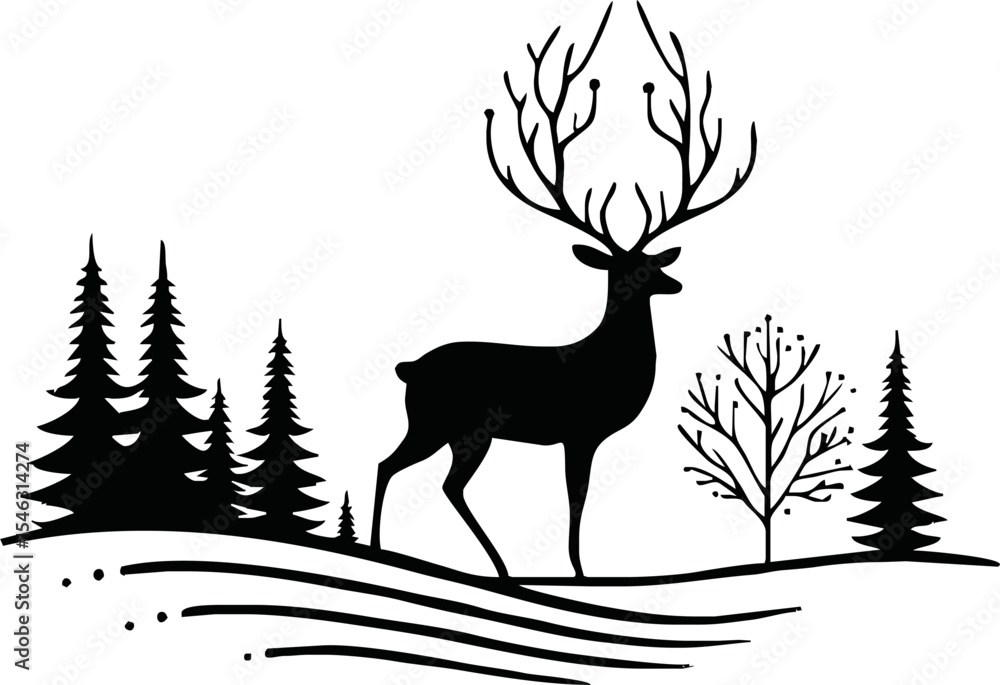 Obraz premium Beautiful silhouettes deer on white background. Winter elements for decor and holiday postcards. Vector illustration
