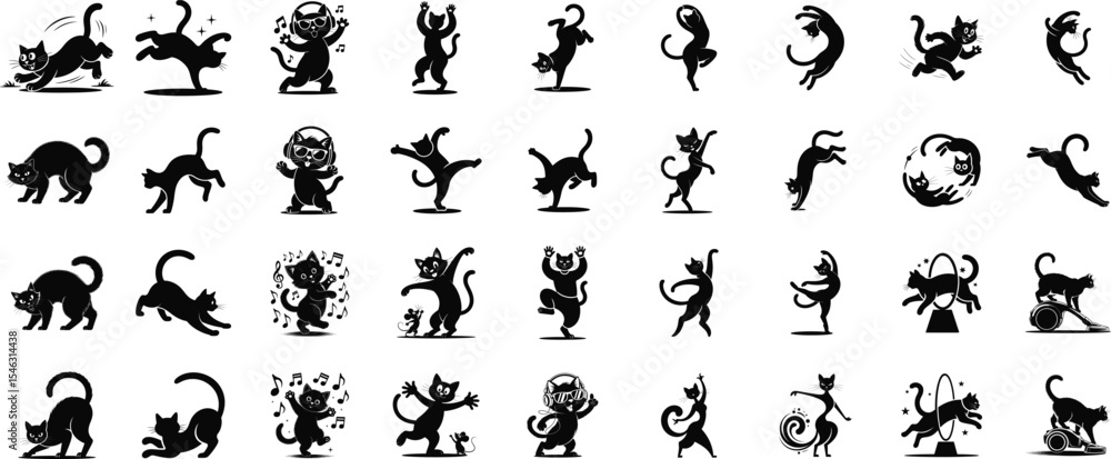 Fototapeta premium Collection of Funny Black Cat Poses and Activities Silhouette