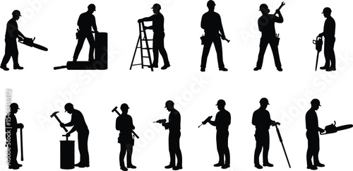 Construction worker silhouettes, laborers with tools, building equipment, vector illustration for industrial, engineering, maintenance, repair, architecture